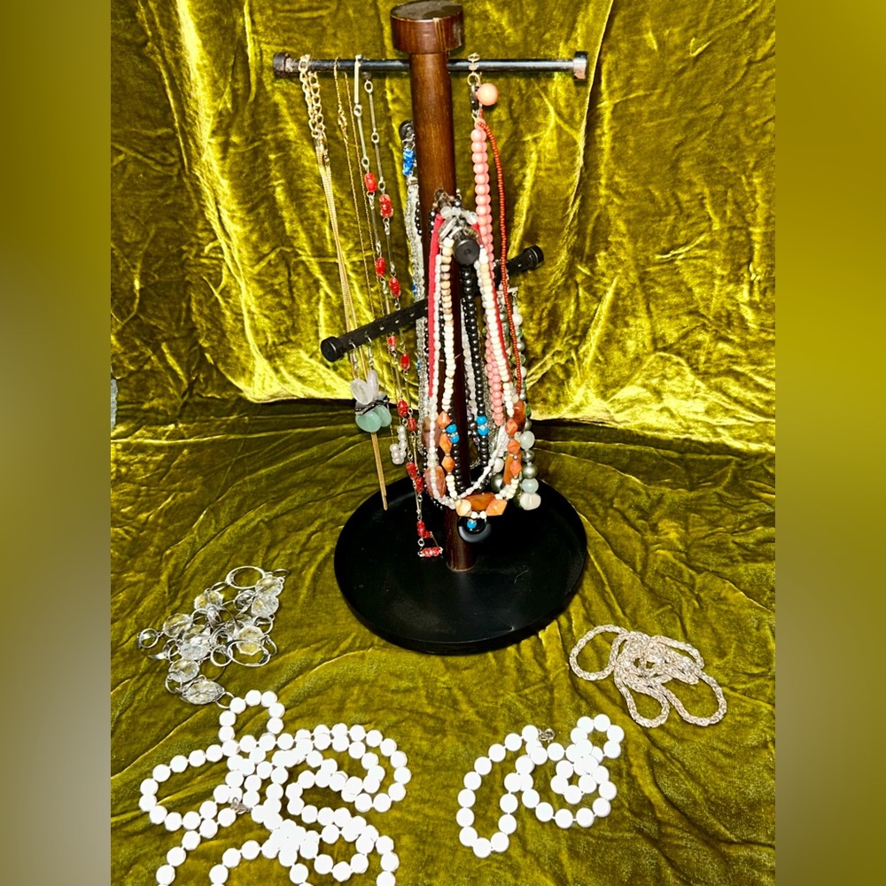15 Necklaces, a Pair of Earrings, & a Jewelry Tree